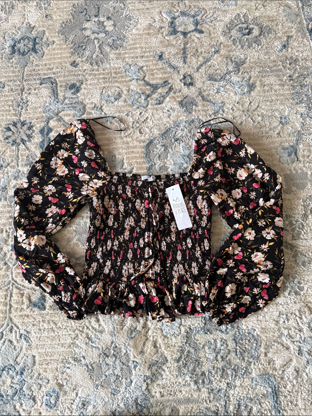 Patrons of Peace Black Floral Smocked Puff-Sleeve Top